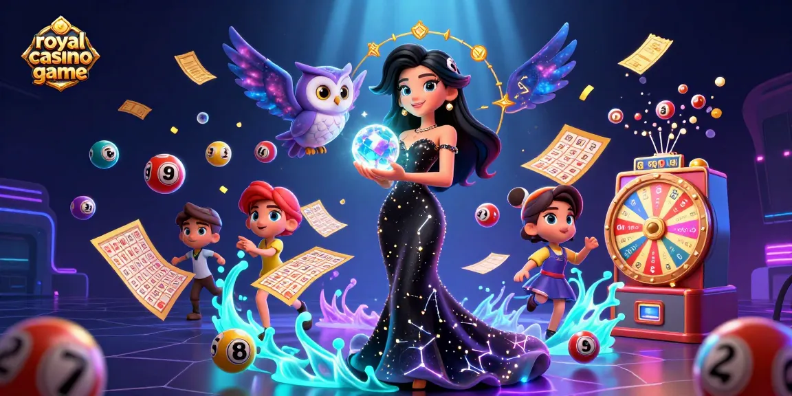Play royal casino game and discover vibrant casino elements like spinning wheels and tickets in an immersive scene.