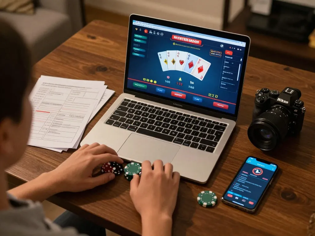 Engaging poker gameplay with sunwin online casino interface on laptop, illustrating strategic betting.