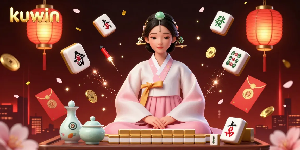 Kuwin gaming illustration showcasing an elegant Asian woman with traditional attire amidst vibrant casino elements.