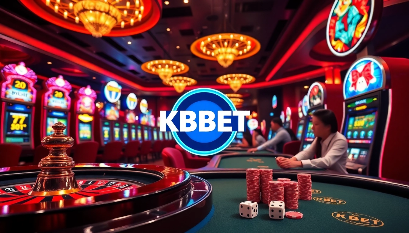 Excited gamblers engage in a vibrant KBBET casino atmosphere with roulette and slot machines.