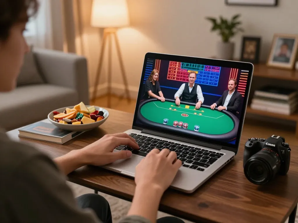 Engaging online poker gameplay on laptop showcasing 79kingt1 in a cozy home environment