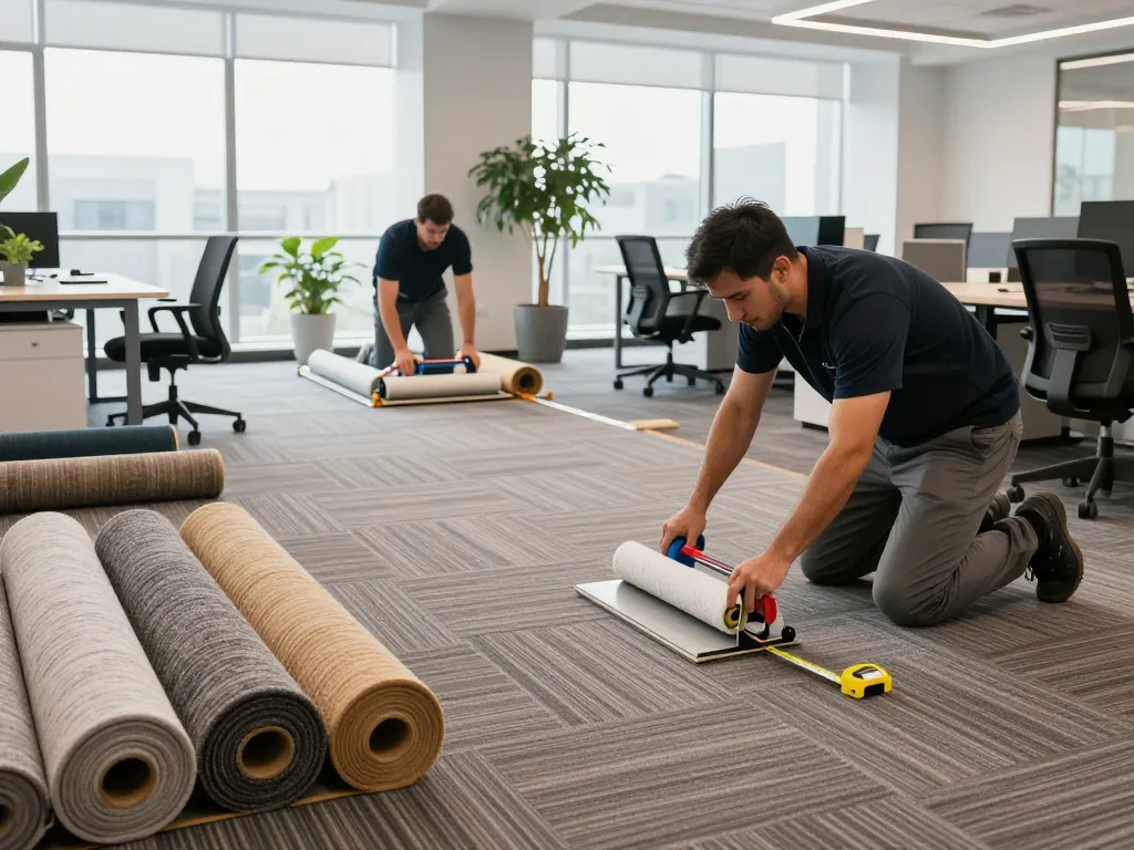 Commercial carpet installation in a modern office with professional installers at work.