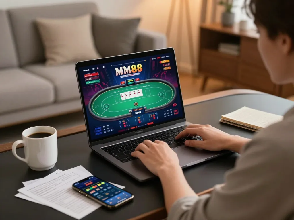 Player engaged in poker game at MM88 online casino, showcasing vibrant gameplay, strategic notes, and a relaxed setting.
