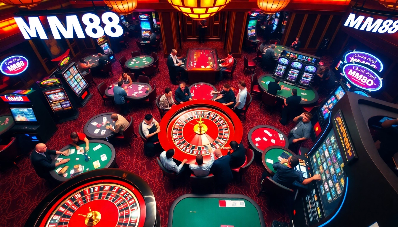 Players engaging at a vibrant casino with Mm88 branding amidst chips and cards.