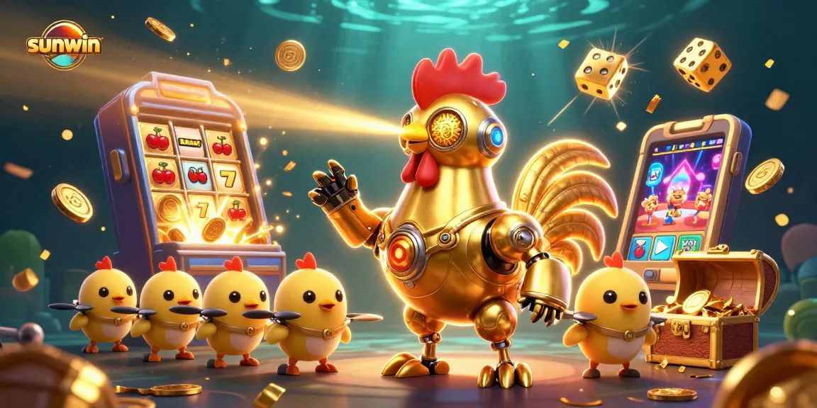 Experience thrilling gameplay with sunwin's golden rooster robot at a vibrant casino scene.