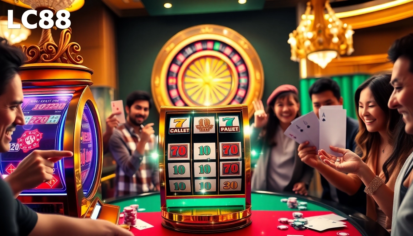 Players enjoying high-stakes gaming at LC88 casino tables with vibrant slot machines and roulette wheels.