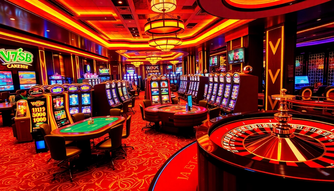 Players engaging in intense gambling action at V7SB casino tables, showcasing vibrant excitement and professionalism.