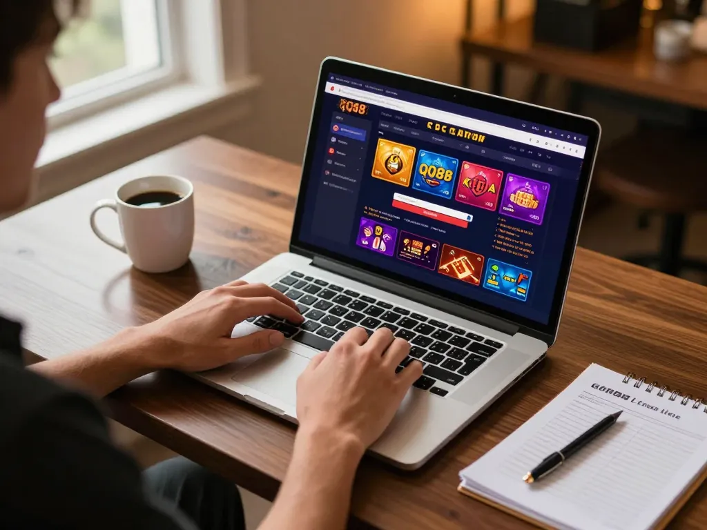 Engaging with QQ88 online casino experience on a laptop, featuring vibrant gaming graphics.