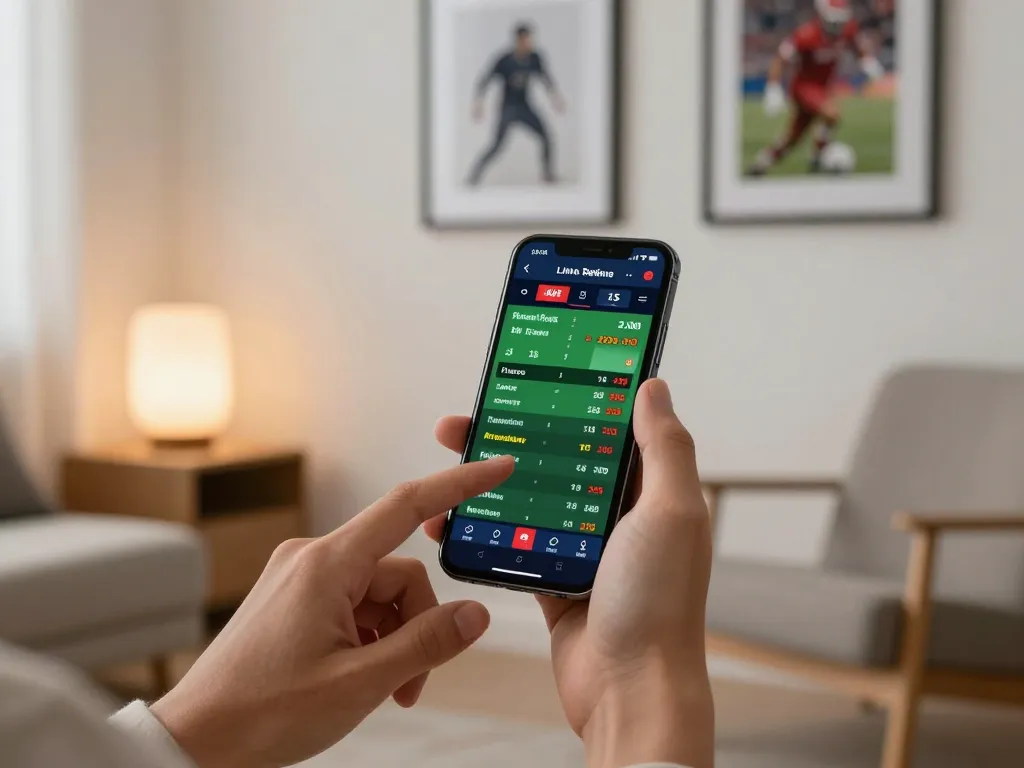 Engaging in vmax sports betting on a smartphone, showcasing live odds in a cozy home setting.