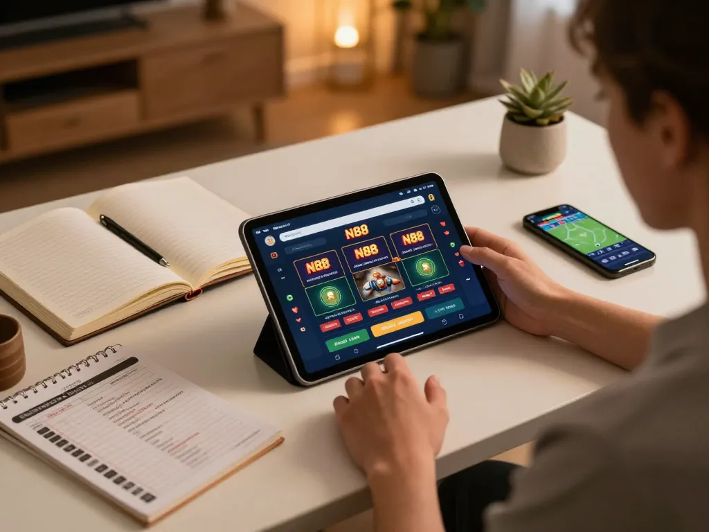 N88 app user strategizing bets during an online gaming session on a cozy home setup.