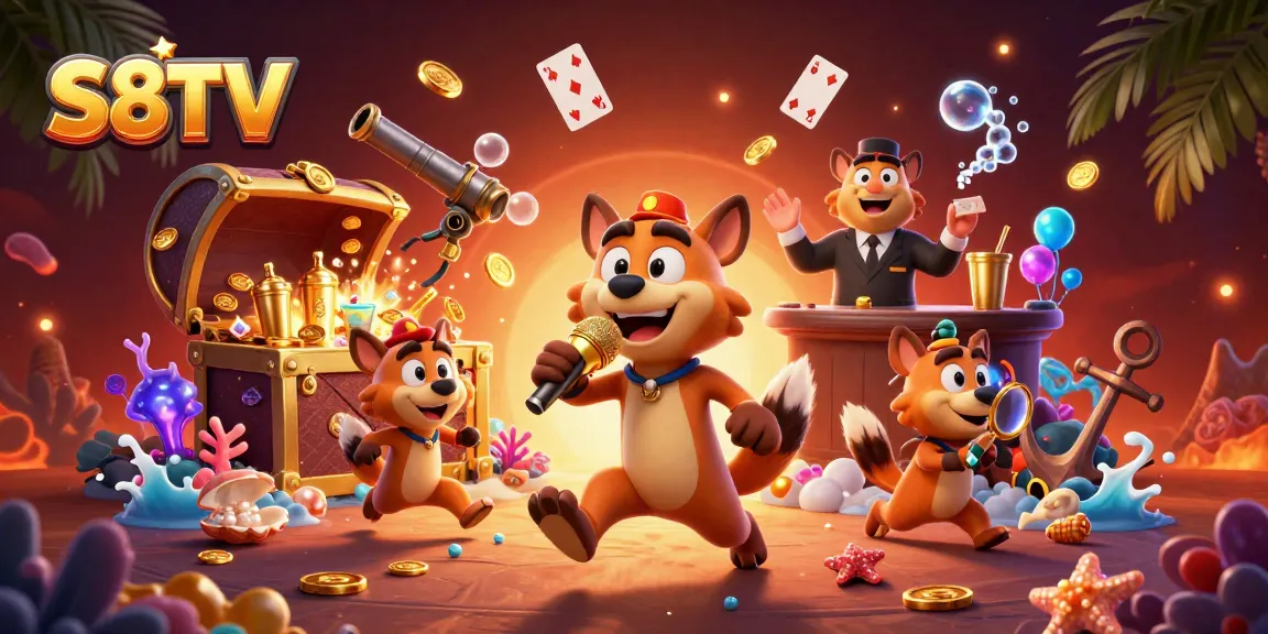 S8TV hyena comedy casino club scene with colorful gems and gold coins, showcasing lively gambling atmosphere