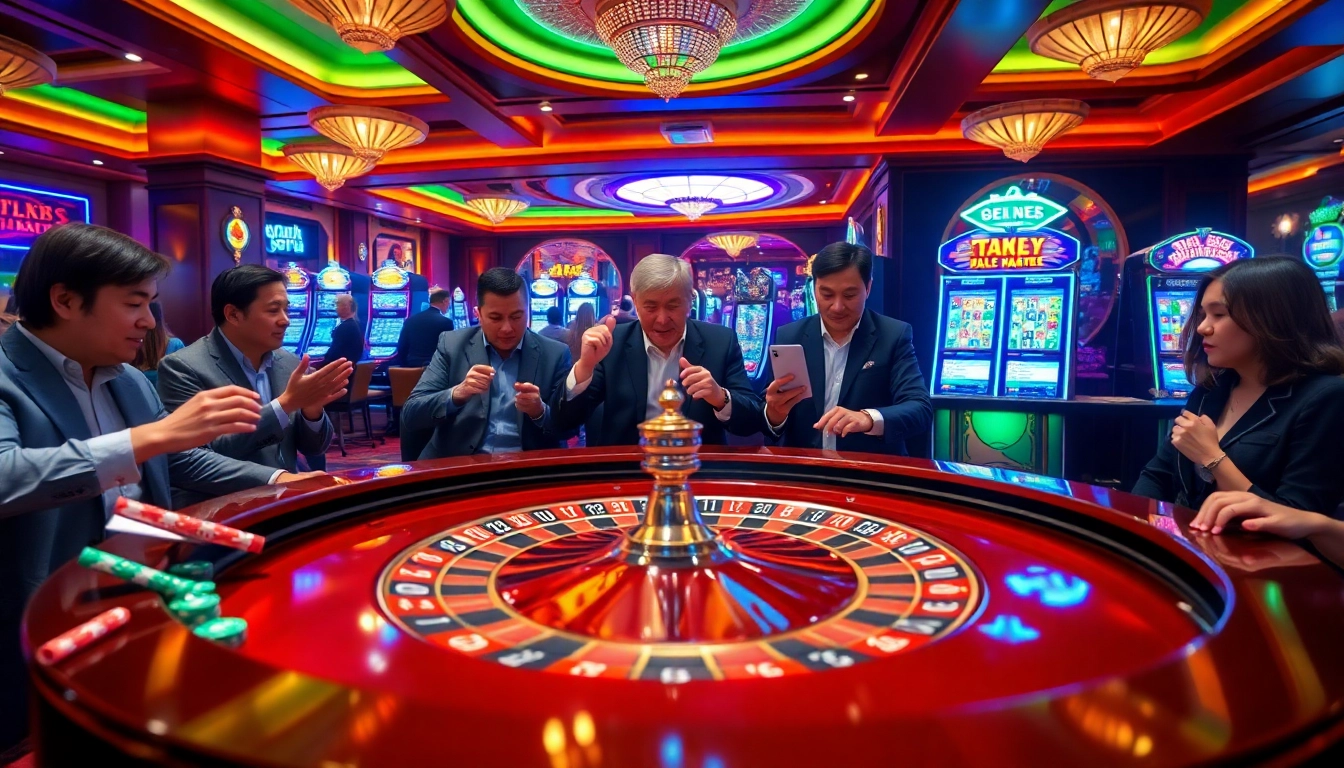 Gambling enthusiasts studying tỷ lệ nhà cái at a luxurious casino roulette table.