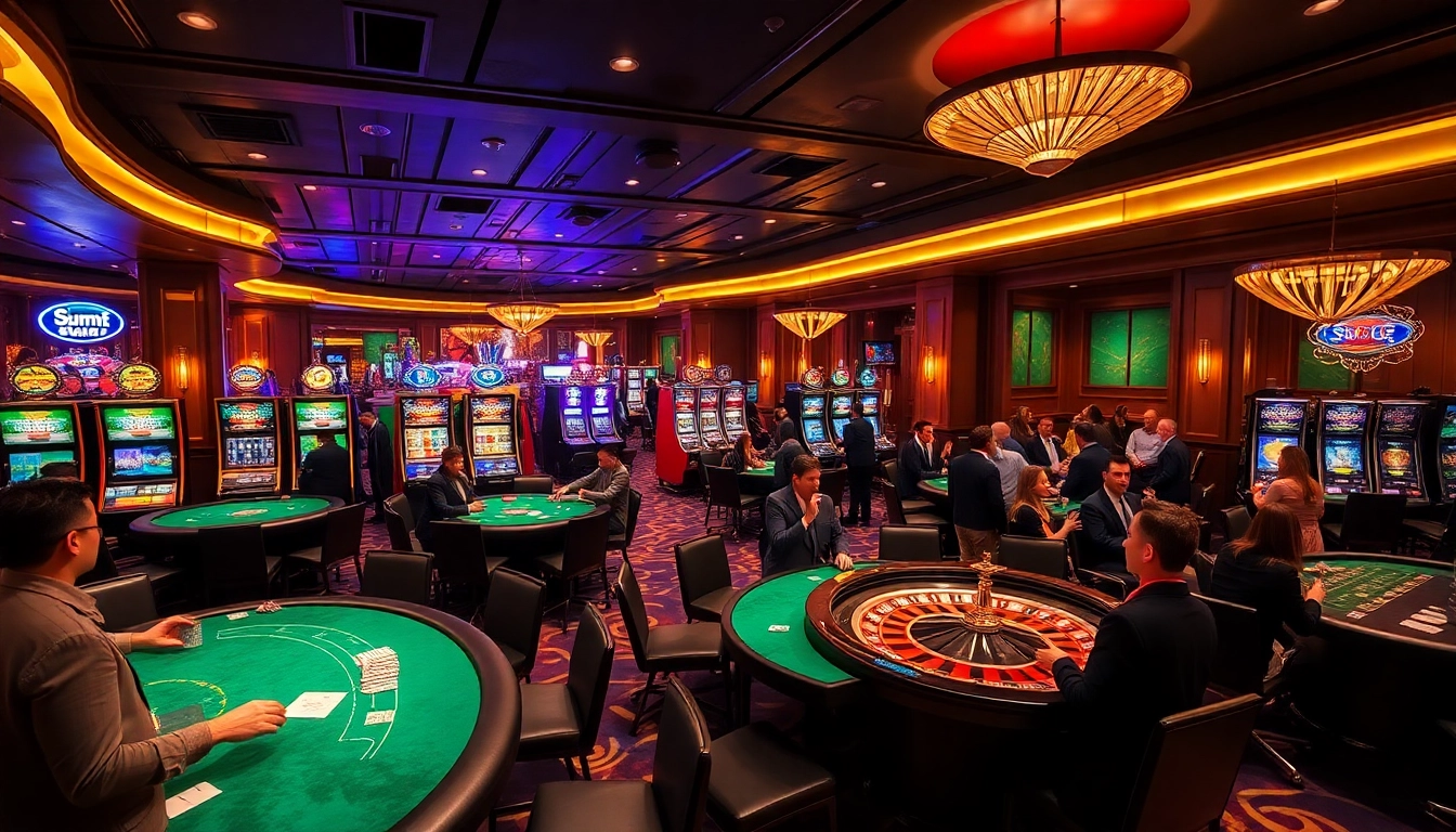 Exciting game action at Sumclub casino tables with vibrant players and chips stacked high.