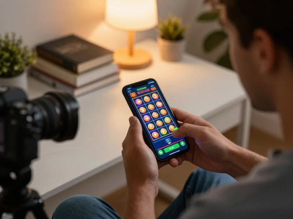 Player engaging with 88clbgo mobile app for online slots at home, showcasing vibrant gaming interface.