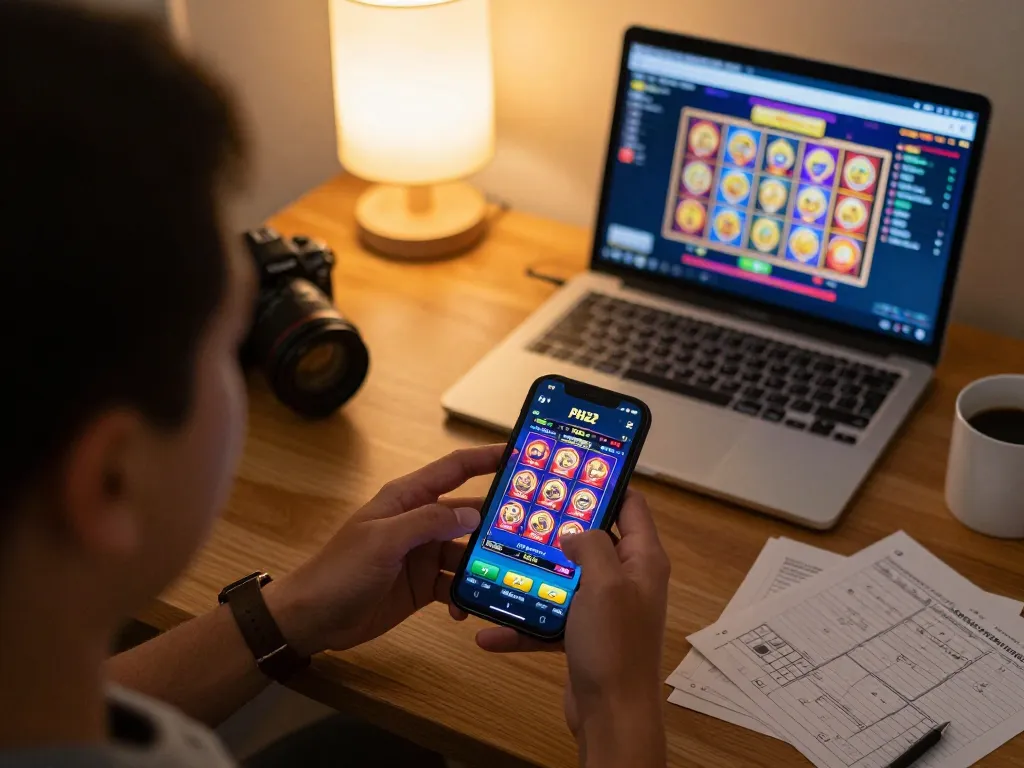 Playing the PH22 casino app on smartphone with colorful slot visuals and strategy notes.