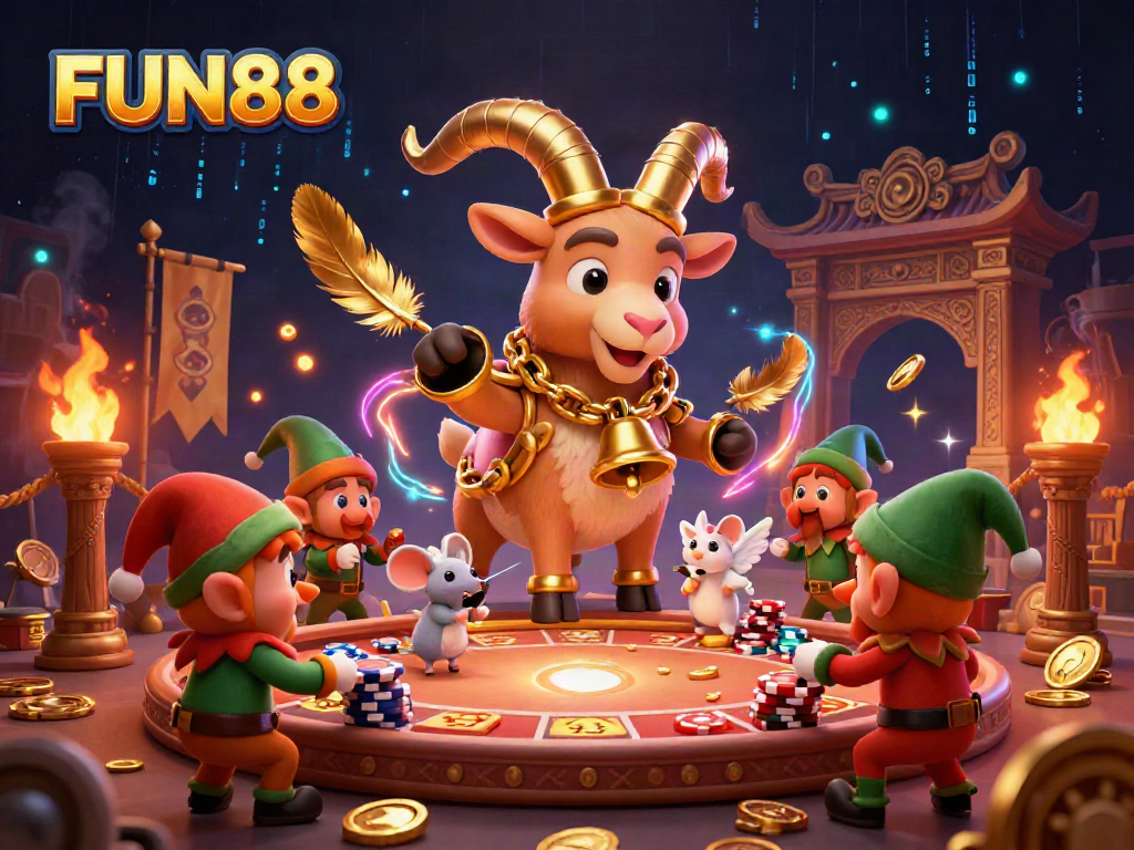 Experience FUN88's thrilling gaming atmosphere with Krampus, an angel mouse, and mischievous elves.