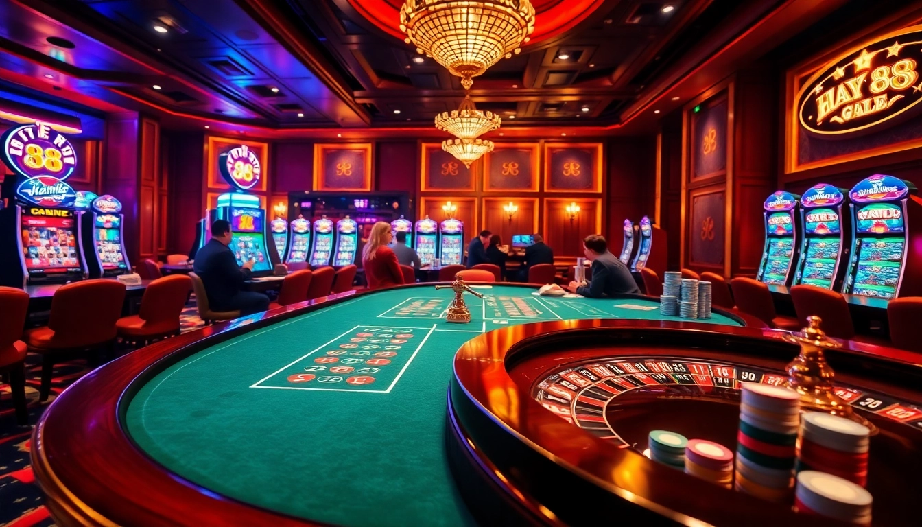 Players enjoying exciting casino games at Hay 88, featuring vibrant chips and glowing roulette wheels.