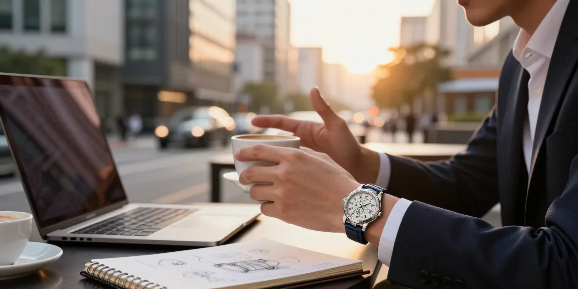 Luxury replica watches showcased in an urban café setting, highlighting style and sophistication.