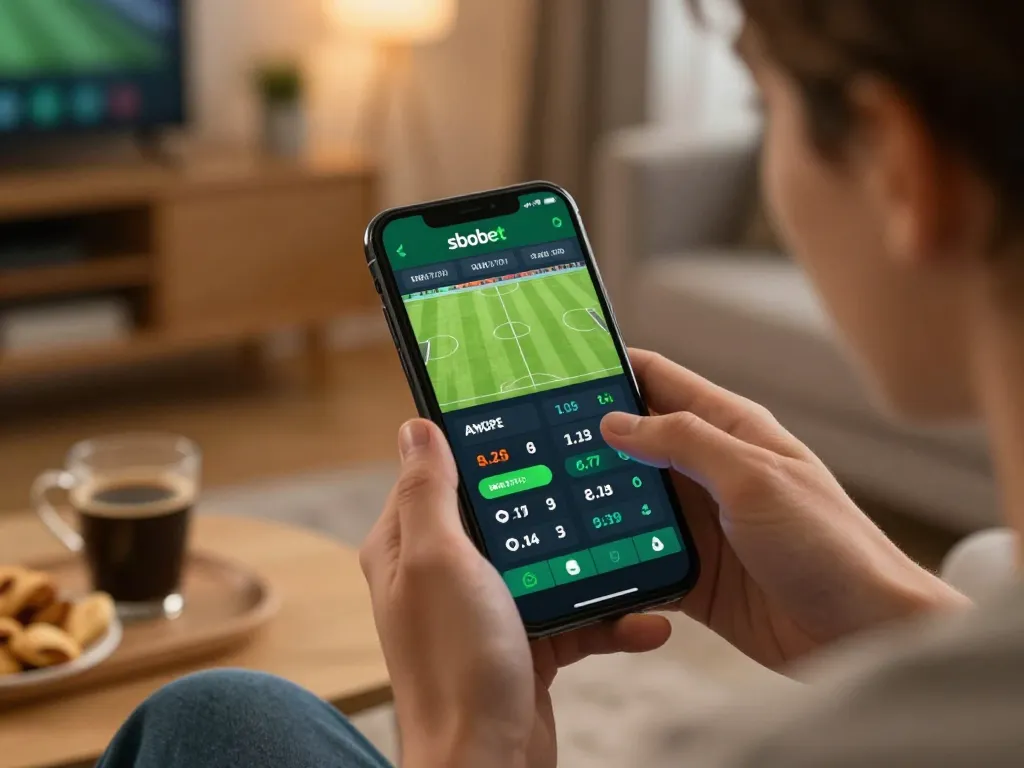 Sbobet mobile sports betting experience with user placing live bets on football.