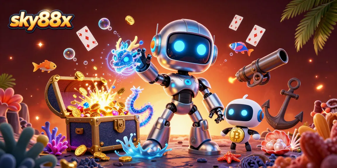 Experience sky88x casino excitement with a vivid 3D illustration showcasing vibrant gaming elements.