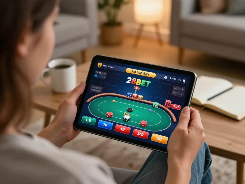 Engaging in online gambling at nhà cái 28BET with cozy home setting.
