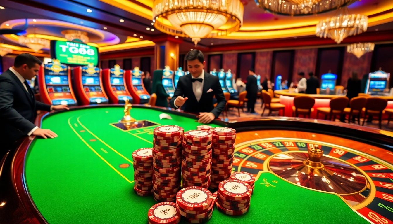 Experience the excitement of tg88 gaming with vibrant poker chips and roulette tables.