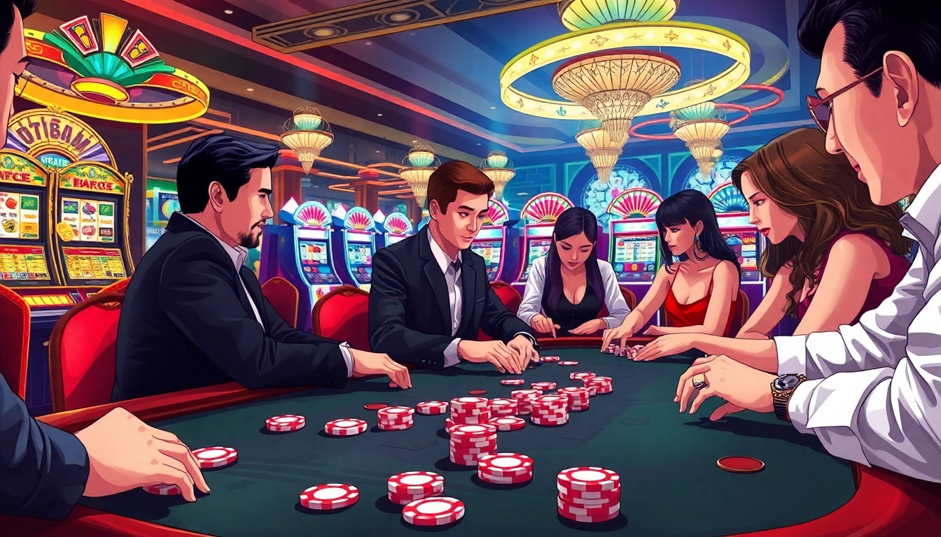 Players enjoying an exciting poker game at a luxurious casino table, highlighting the vibrant j88 atmosphere.