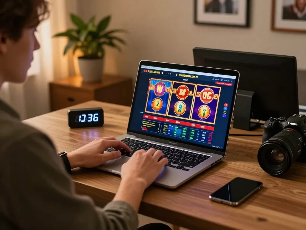 Engaging online gaming experience at LC88 with a player using a laptop for strategic slots gameplay.