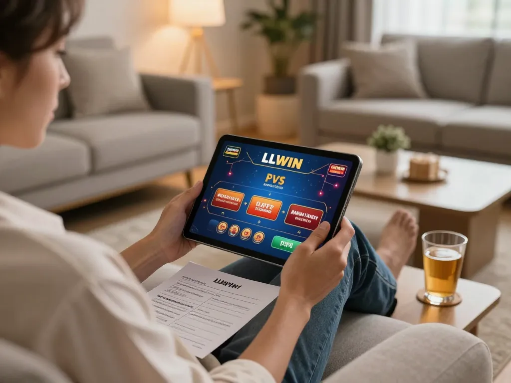Engaging player enjoying LLWIN casino games on tablet in cozy home setting.