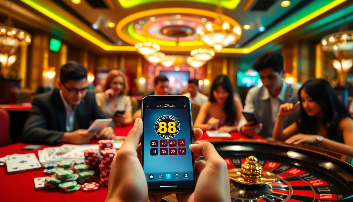 Tải App Nhà Cái 68VIP showcasing a vibrant mobile gambling experience with casino elements.