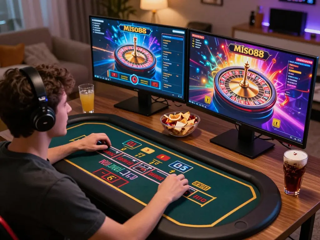 Miso88 player engaged in live casino games, showcasing a thrilling online gaming atmosphere with multiple screens.