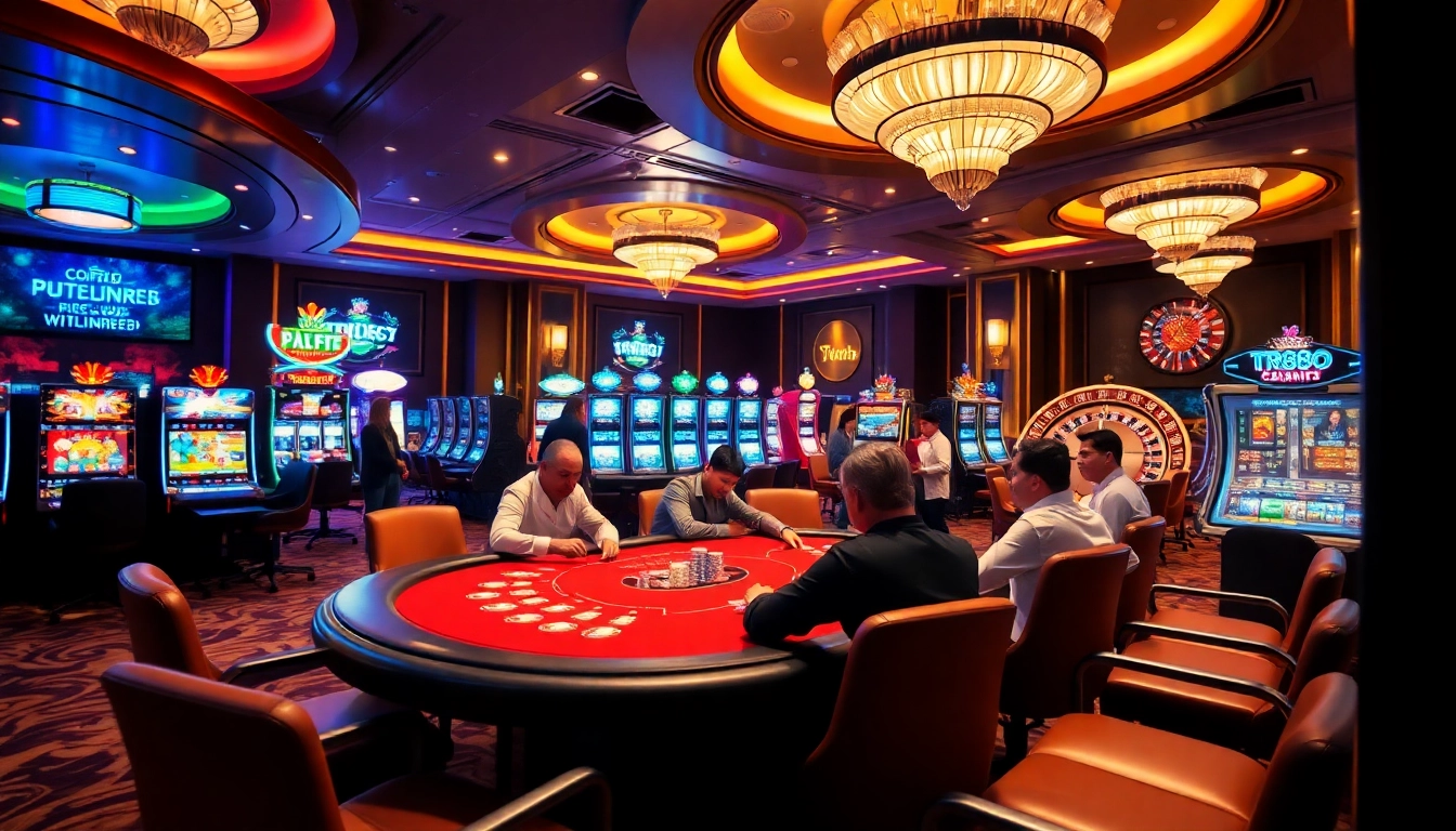 Experience the thrill of tr88 at a bustling casino poker table surrounded by vibrant slot machines.