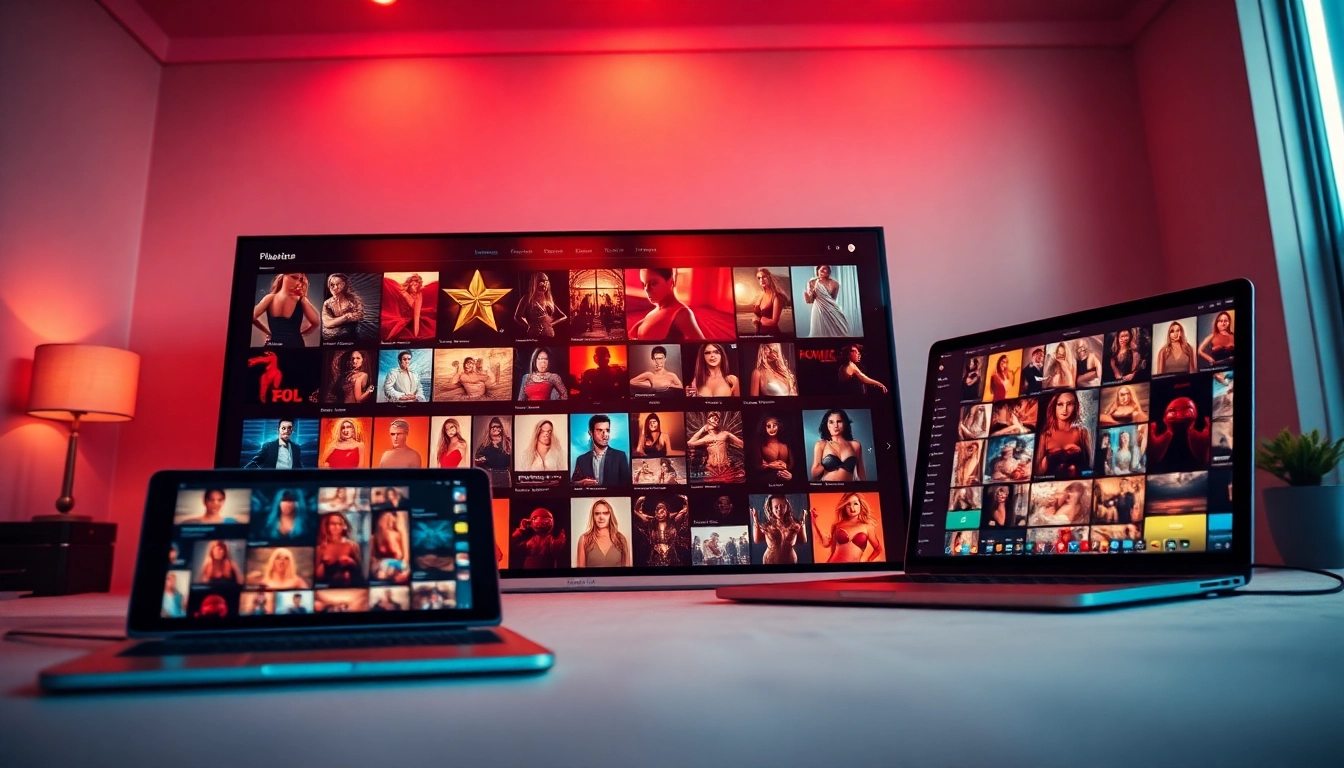 NangCucTV vibrant digital streaming platform showcasing adult content thumbnails and sleek devices
