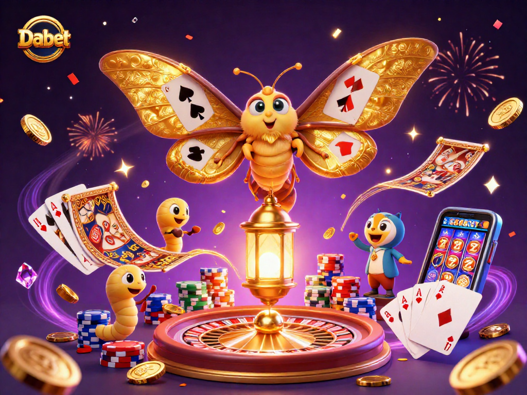 Dabet casino showcases a vibrant 3D scene of luck and fortune with gold coins and gaming elements.