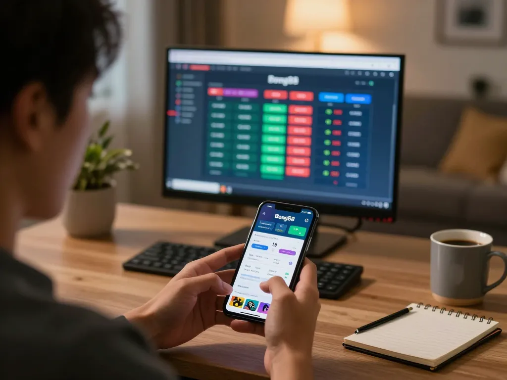 Bong88 user engaging with sports betting app on smartphone in a cozy home setting