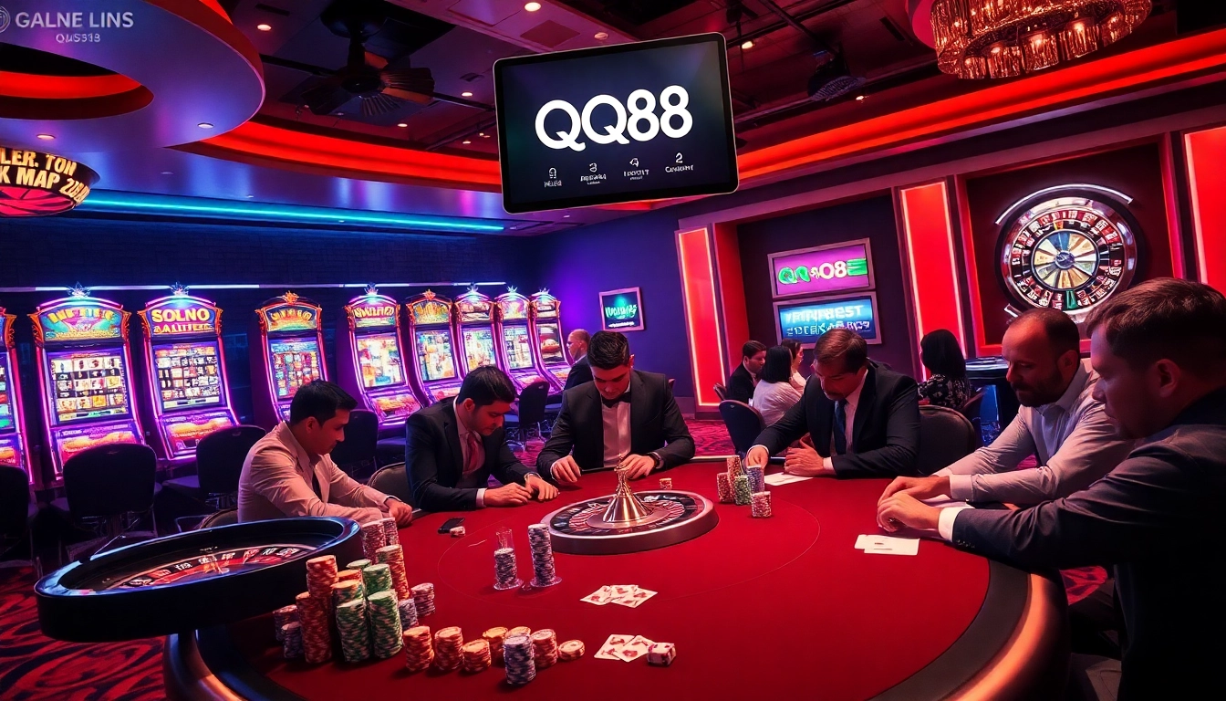Players engaging in a high-stakes poker game at QQ88, surrounded by slot machines and casino lights.