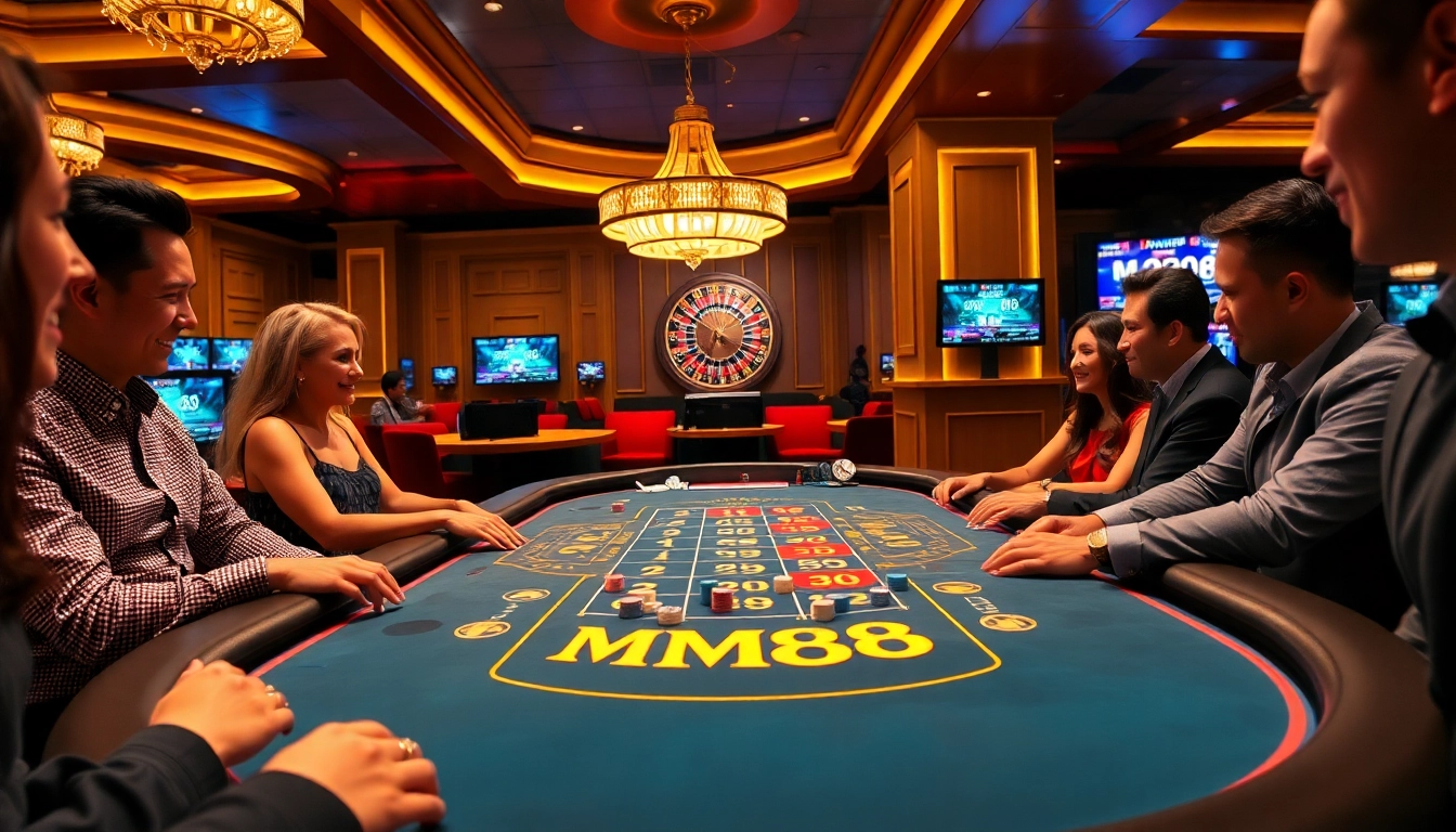 Exciting gameplay at MM88 casino with vibrant blackjack table and eager players.