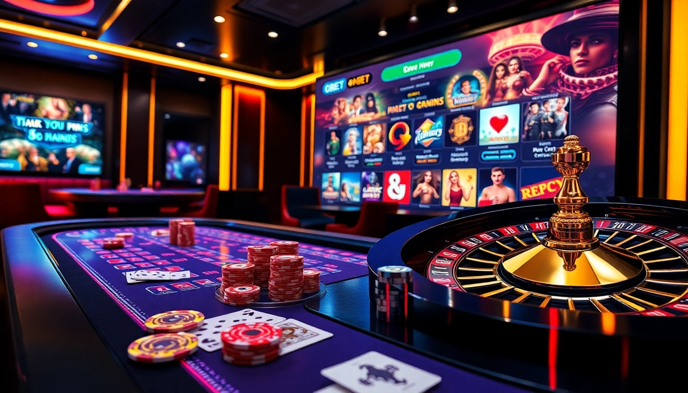 Experience thrilling online gambling at 8KBET with vibrant casino visuals featuring poker chips and a roulette wheel.