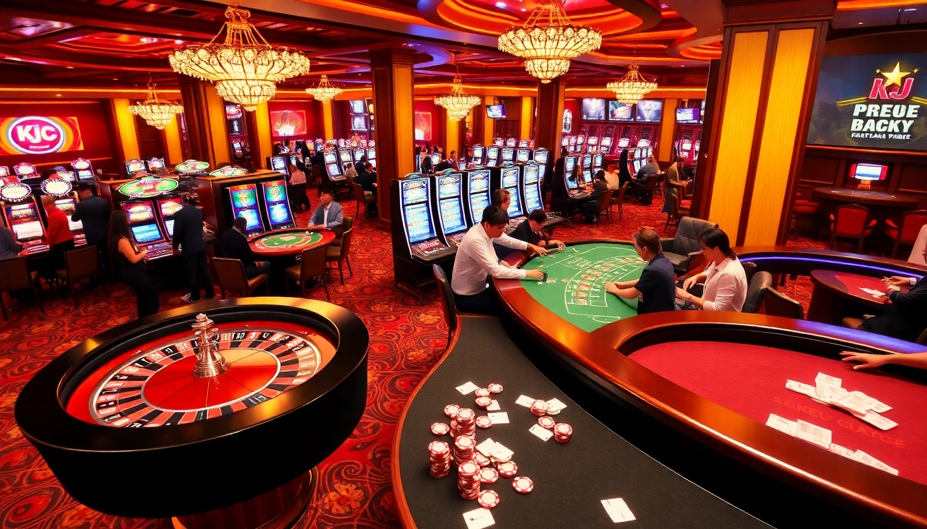 KJC casino gaming scene with excited players at roulette and poker tables.