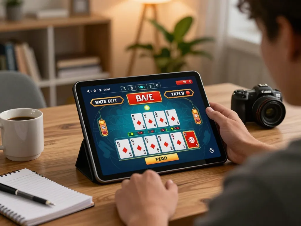 Engaging online baccarat gameplay at https://go8.agency/ in a cozy home setting with strategy notes nearby