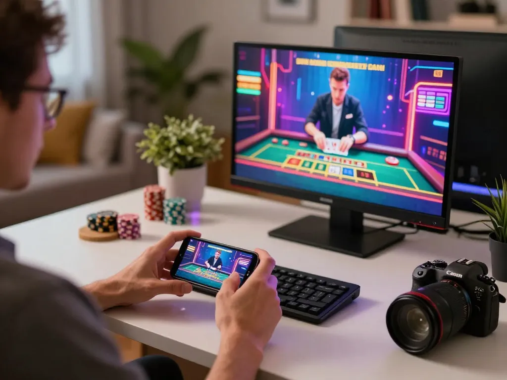 Player engaging in live casino gaming on smartphone at home with HM88 enhancing their excitement.