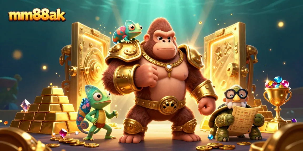 Experience thrilling gaming at mm88ak with a vibrant illustration of heroes amidst treasure and jewels.