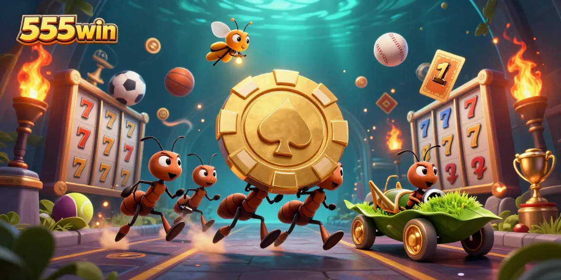 Join the excitement with 555win as ants carry a giant poker chip amidst casino-themed chaos.