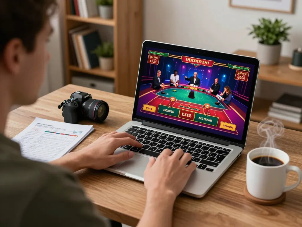 Player enjoying online gaming on laptop while exploring qq88z platform with warm home ambiance.