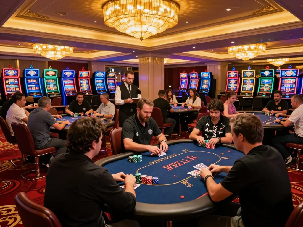 Engaging gameplay scene at https://v788.biz/ with players at poker table under warm casino lights.