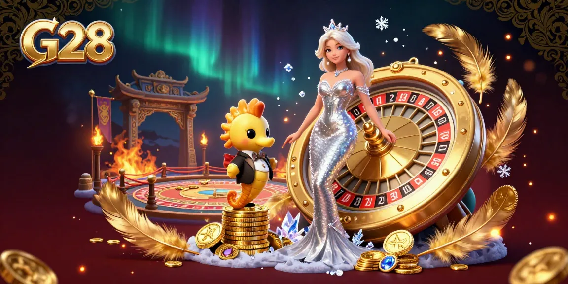 Experience G28 with an enchanting casino scene featuring a glamorous woman and a cheerful seahorse.