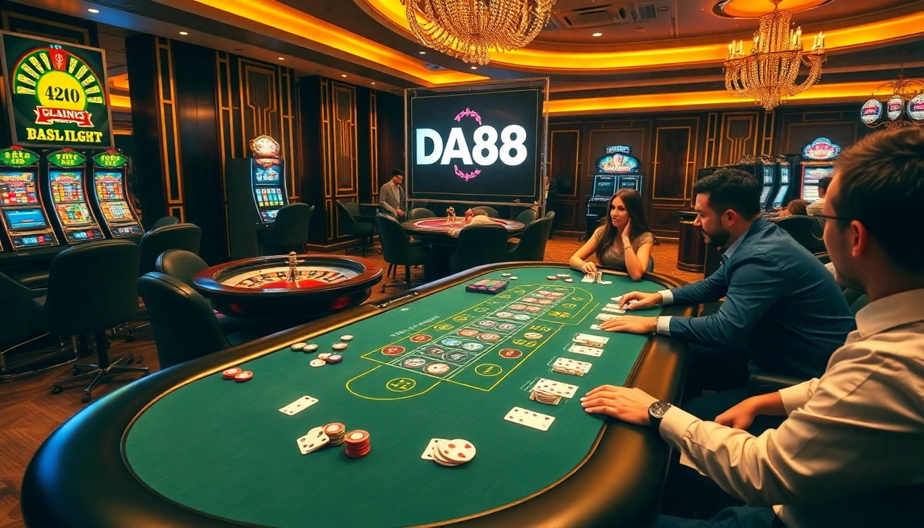 Players enjoy intense blackjack and roulette action at DA88 casino, showcasing excitement and strategy.