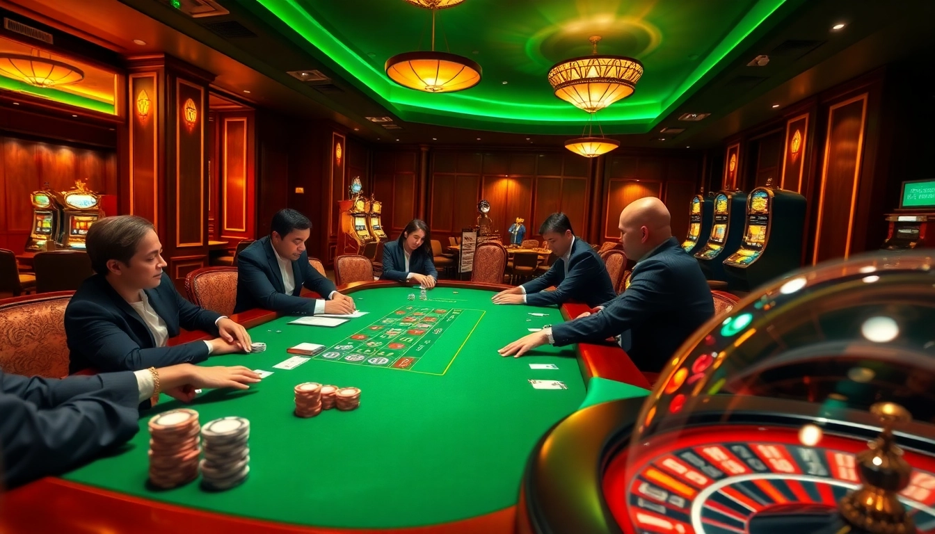 Players strategizing with poker chips at a table in a luxurious casino setting inspired by 789p.