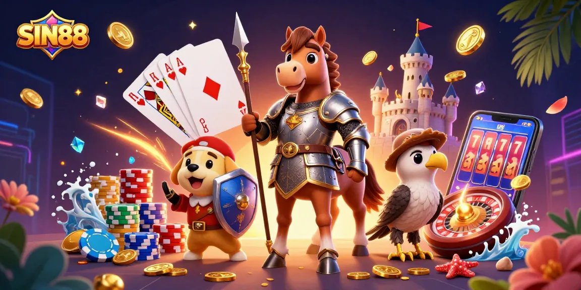 Engage with SIN88 in a vibrant 3D illustration of a knight, puppy, and falcon around casino elements.
