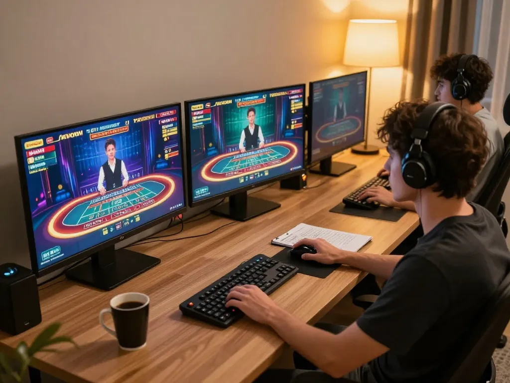 Player enjoying F168 live dealer game on multiple screens at home, demonstrating engaging online casino experience